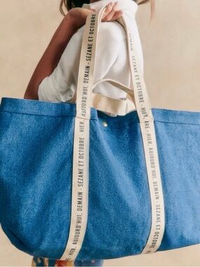 Sezane Navy Canvas Tote with Cream Logo Straps
